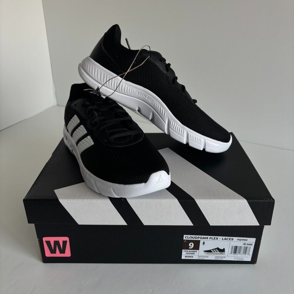Adidas Cloud Foam Flex Laces WIDE Fit Black/White Walking Shoes Women’s Size 9